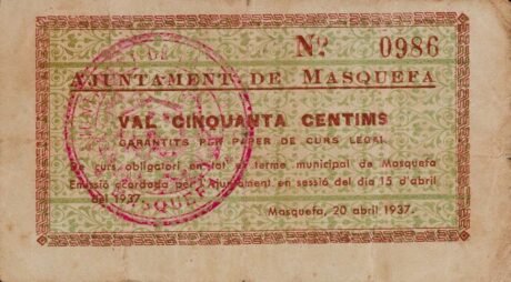 Аверс банкноты 50 Centimo Masquefa (Hiszpania) 1937