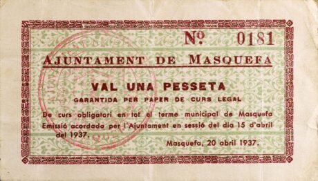 Аверс банкноты 1 peseta Masquefa (Hiszpania) 1937