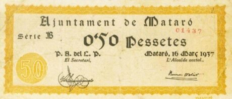 Аверс банкноты 0,50 песетас Матаро (Испания) 1937 года
