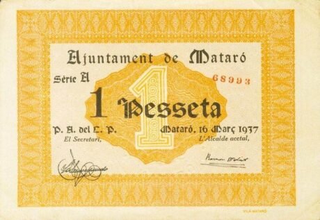 Аверс банкноты 1 песета Матаро (Испания) 1937 года