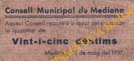 Аверс банкноты 25 centymów Mediony (Hiszpania) 1937
