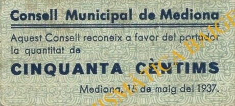 Аверс банкноты 50 сантимов Медона (Испания) 1937 года