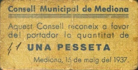 Аверс банкноты 1 Peseta Mediona (Hiszpania) 1937