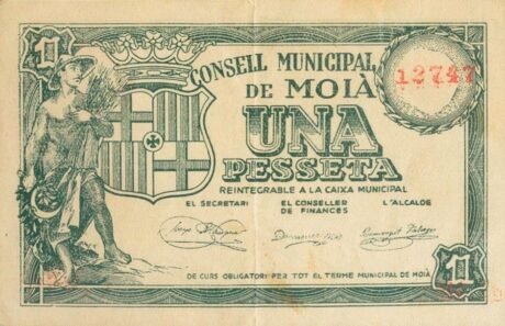 Аверс банкноты 1 peseta Moya (Spain)