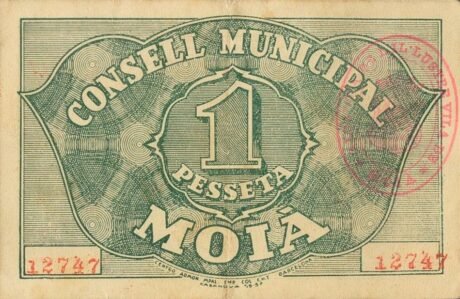 Реверс банкноты 1 peseta Moya (Spain)