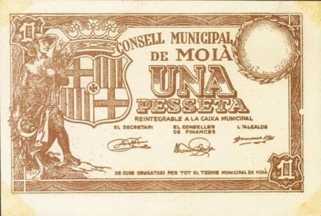 Аверс банкноты 1 песета Моя (Испания) 1937 года