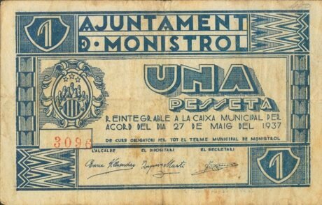 Аверс банкноты 1 песета Монистроль (Испания) 1937 года