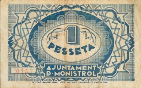 Реверс банкноты 1 песета Монистроль (Испания) 1937 года