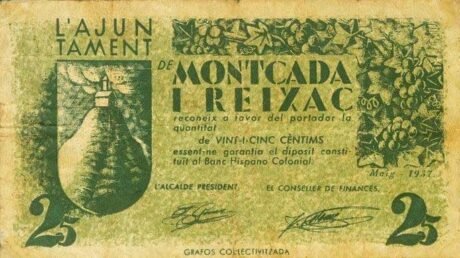 Аверс банкноты 25 centymów Moncada i Reixac (Hiszpania) 1937