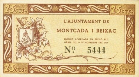 Реверс банкноты 25 centymów Moncada i Reixac (Hiszpania) 1937
