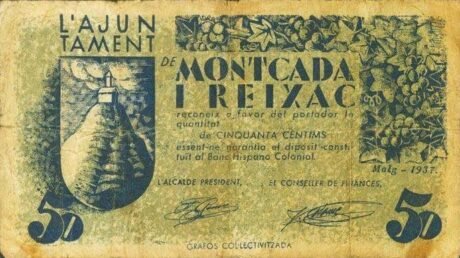 Аверс банкноты 50 centymów Moncada i Reixac (Hiszpania) 1937