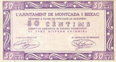 Awers banknotu 50 centymów Moncada i Reixac (Hiszpania) 1937