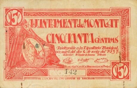 Аверс банкноты 50 сантимов Монгат (Испания) 1937 года