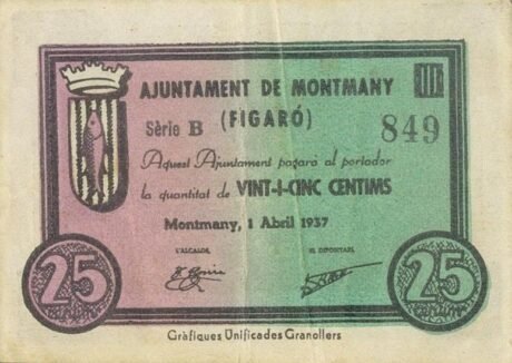 Аверс банкноты 25 centymów Montmagny-Figaro (Hiszpania) 1937