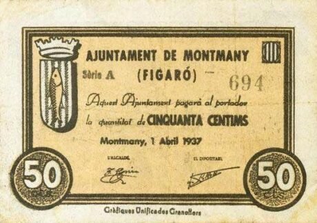 Awers banknotu 50 centymów Montmany-Figaro (Hiszpania) 1937