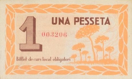 Реверс банкноты 1 peseta Montmelo (Hiszpania) 1937