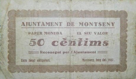 Awers banknotu 50 centymów Montseny (Hiszpania) 1937