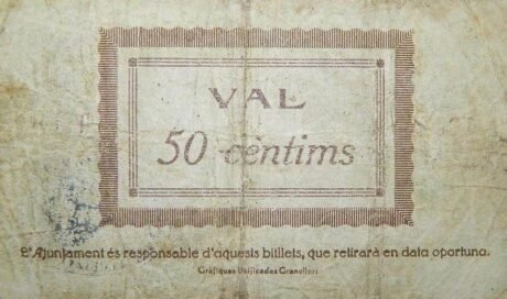 Rewers banknotu 50 centymów Montseny (Hiszpania) 1937