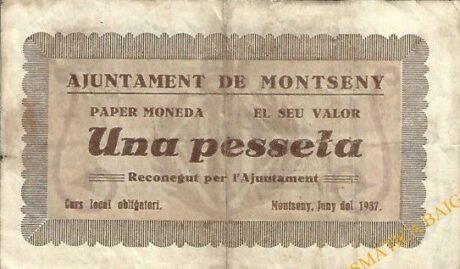 Аверс банкноты 1 peseta Montseny (Hiszpania) 1937