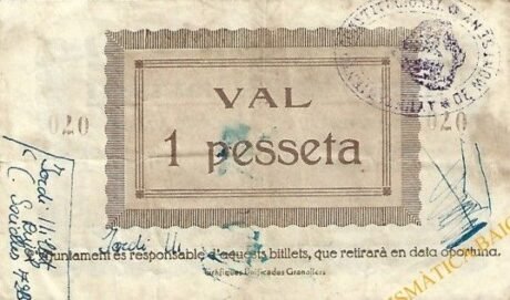 Реверс банкноты 1 peseta Montseny (Hiszpania) 1937
