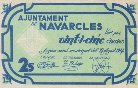 Аверс банкноты 25 сантимов Наварклеса (Испания) 1937 года