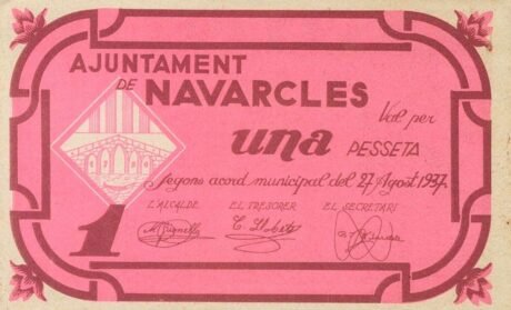 Аверс банкноты 1 peseta Navarcles (Hiszpania) 1937