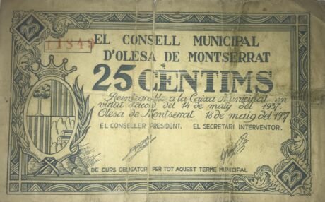 Аверс банкноты 25 centymów Olesa de Montserrat (Hiszpania) 1937