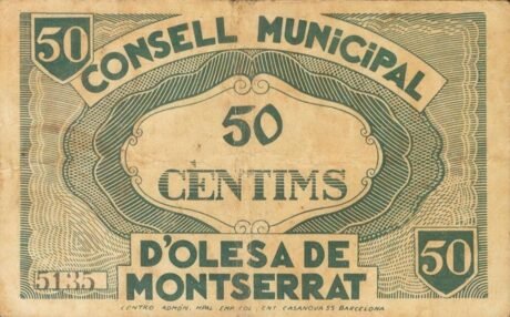 Реверс банкноты 50 centymów Olesa de Montserrat (Hiszpania) 1937