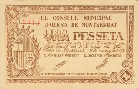Аверс банкноты 1 peseta Olesa de Montserrat (Hiszpania) 1937