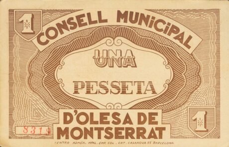 Реверс банкноты 1 peseta Olesa de Montserrat (Hiszpania) 1937