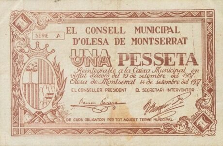 Аверс банкноты 1 песета Олеса де Монтсеррат (Испания) 1937 года