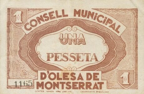 Реверс банкноты 1 песета Олеса де Монтсеррат (Испания) 1937 года