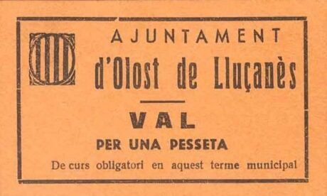 Аверс банкноты 1 peseta Olost de Llusanes (Hiszpania)