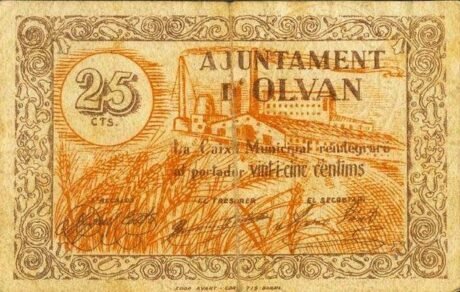 Аверс банкноты 25 centymów Olvan (Hiszpania) 1937
