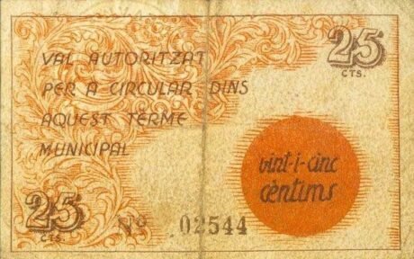 Реверс банкноты 25 centymów Olvan (Hiszpania) 1937