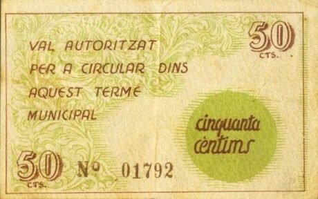 Реверс банкноты 50 centymów Olvan (Hiszpania) 1937