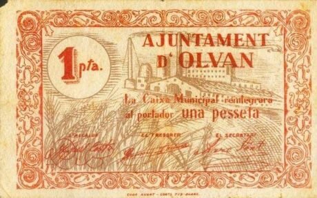 Аверс банкноты 1 peseta Olvan (Spain) 1937