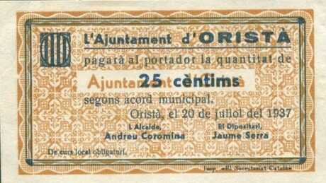 Аверс банкноты 25 centymów Orista (Hiszpania) 1937