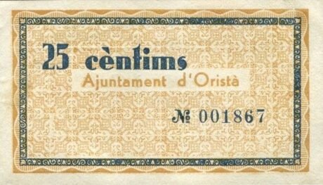 Реверс банкноты 25 centymów Orista (Hiszpania) 1937