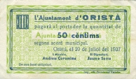 Аверс банкноты 50 centymów Orista (Hiszpania) 1937
