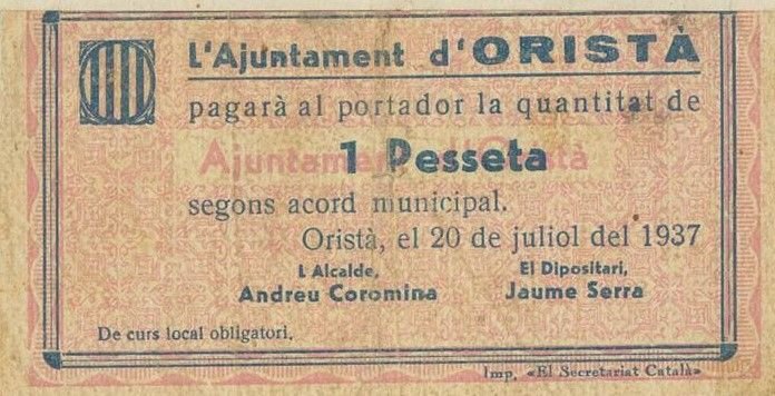 Аверс банкноты 1 песета Ориста (Испания) 1937 года