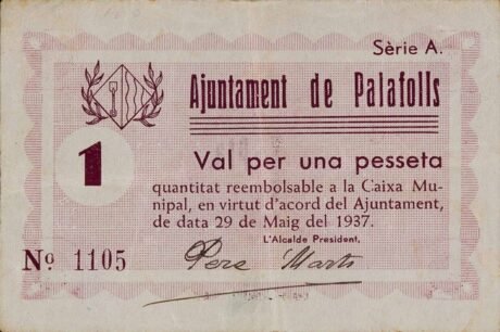 Аверс банкноты 1 песета Палафольс (Испания) 1937 года