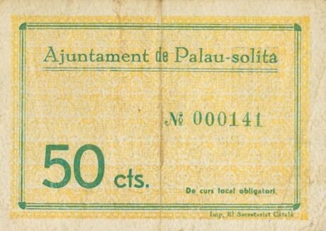 Реверс банкноты 50 centymów Palau-solita (Hiszpania) 1937
