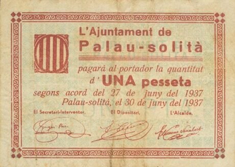 Аверс банкноты 1 peseta Palau Solita (Hiszpania) 1937