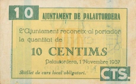 Аверс банкноты 10 centymów Palautordera (Hiszpania) 1937