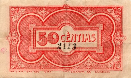 Реверс банкноты 50 сантимов Пальеха (Испания) 1937 года