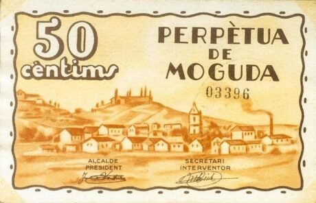 Awers banknotu 50 centymów Perpetua de Moguda (Hiszpania) 1937