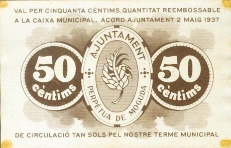 Rewers banknotu 50 centymów Perpetua de Moguda (Hiszpania) 1937