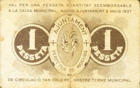 Реверс банкноты 1 peseta Perpetua de Moguda (Hiszpania) 1937