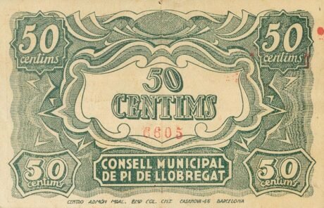 Реверс банкноты 50 сантимов Пи де Льобрегат (Испания) 1937 года